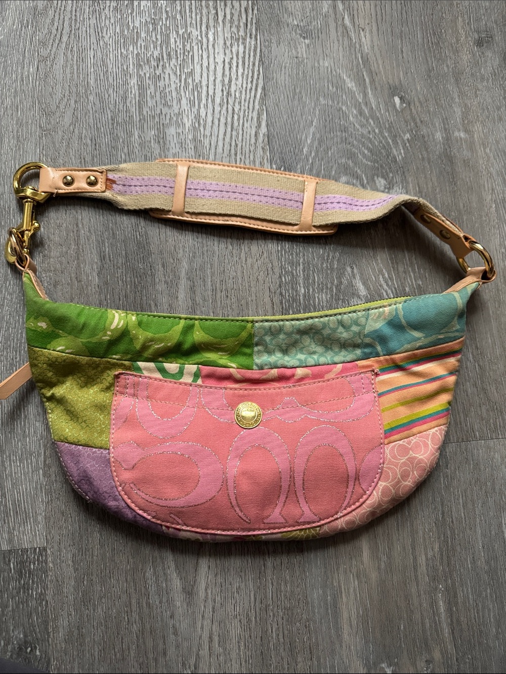 Coach Patchwork Shoulder Bag in Pink, Green, Blue and Gold Hardware